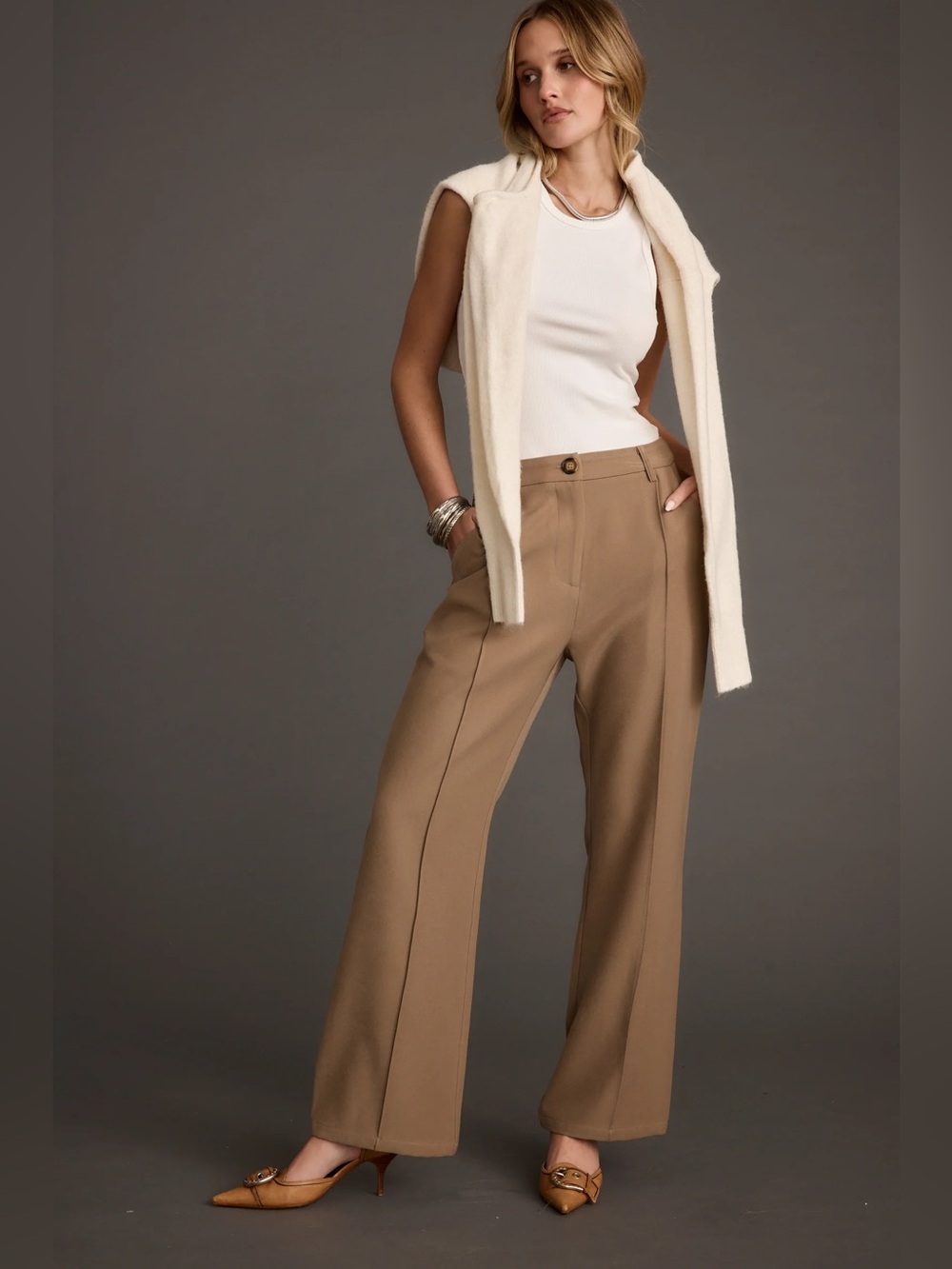 12th Tribe - Virginia Taupe Seamed Slim Leg Trousers - Size M - Picture 9 of 11